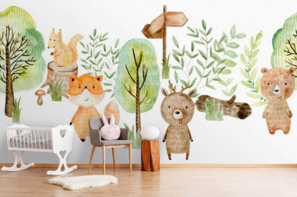 Ilustração em aguarela de animais e árvores Papel de parede Ilustração em aguarela de animais e árvores