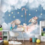 Papel de parede Dois coelhos num chapéu de chuva cor-de-rosa