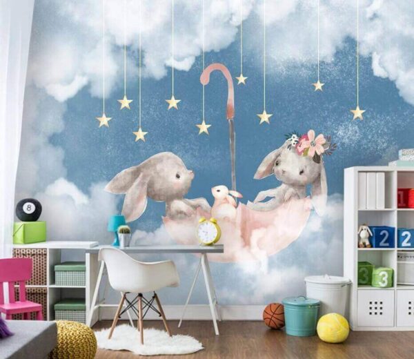 Dois coelhos num chapéu de chuva cor-de-rosa Papel de parede Dois coelhos num chapéu de chuva cor-de-rosa