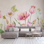 Papel de parede Pintura de flores e borboletas