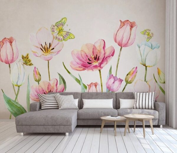 Pintura de flores e borboletas Papel de parede Pintura de flores e borboletas