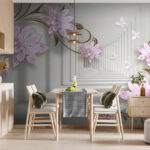 Papel de parede Flores cor-de-rosa com borboletas delicadas