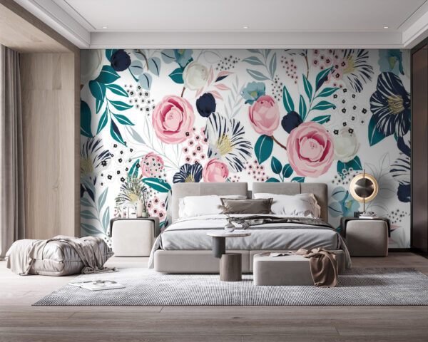 Padrão de flores e folhas Papel de parede Padrão de flores e folhas