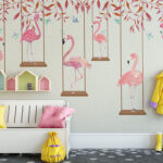 Papel de parede Flamingo cor-de-rosa com folhas vermelhas