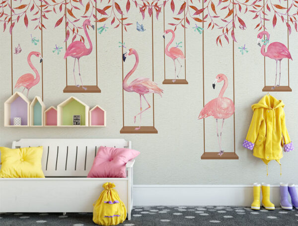 Flamingo cor-de-rosa com folhas vermelhas Papel de parede Flamingo cor-de-rosa com folhas vermelhas