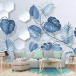 Papel de parede Folhas azuis sobre um fundo branco