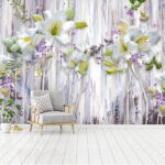 Papel de parede Grupo de flores brancas sobre uma superfície de madeira