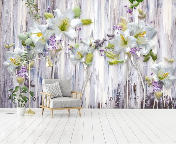 Grupo de flores brancas sobre uma superfície de madeira Papel de parede Grupo de flores brancas sobre uma superfície de madeira