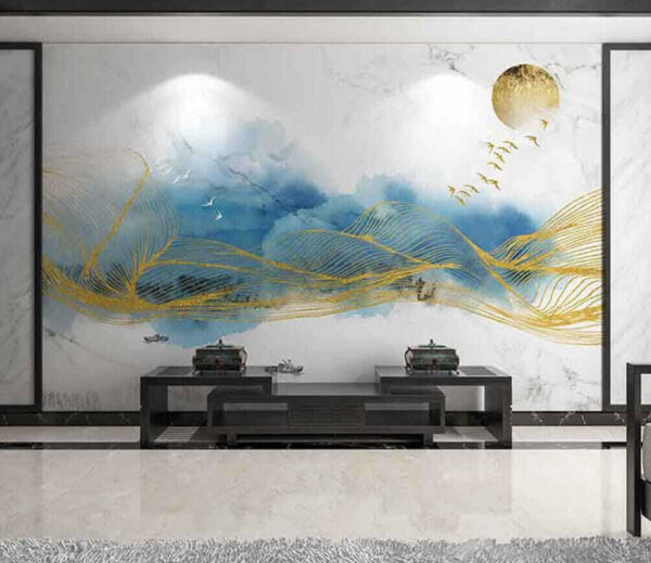 Pintura de ondas e pássaros Papel de parede Pintura de ondas e pássaros