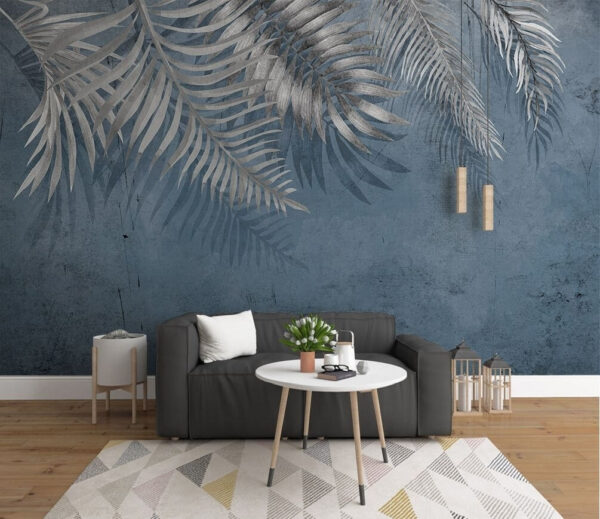 Folhas de palmeira prateadas sobre fundo azul Papel de parede Folhas de palmeira prateadas sobre fundo azul