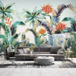 Papel de parede Folhagem tropical com flores vibrantes.