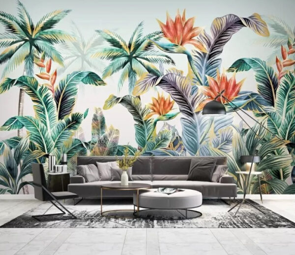 Folhagem tropical com flores vibrantes Papel de parede Folhagem tropical com flores vibrantes