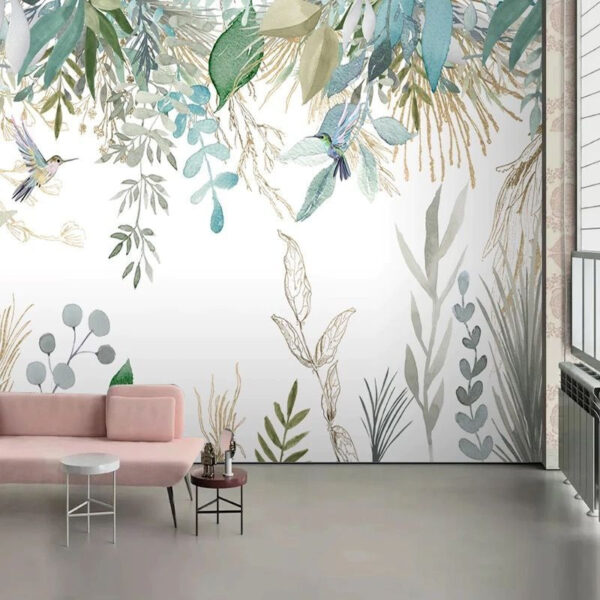 Ilustração de beija-flores no meio de uma folhagem luxuriante Papel de parede Ilustração de beija-flores no meio de uma folhagem luxuriante
