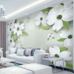 Papel de parede Flores brancas com folhas verdes