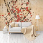 Papel de parede Pintura de uma árvore com flores vermelhas