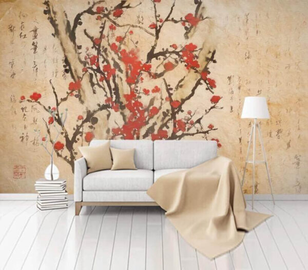Pintura de uma árvore com flores vermelhas Papel de parede Pintura de uma árvore com flores vermelhas