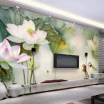 Papel de parede Pintura de um pato a nadar num lago com flores