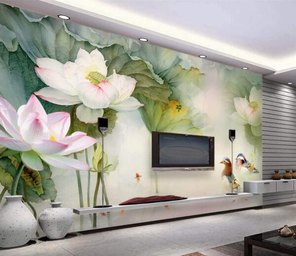 Pintura de um pato a nadar num lago com flores Papel de parede Pintura de um pato a nadar num lago com flores