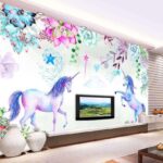 Papel de parede Unicórnios e flores em aguarela