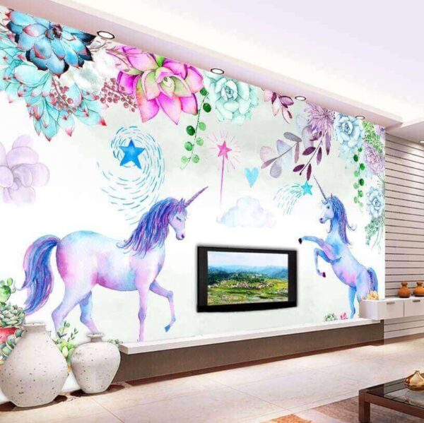 Papel de parede Unicórnios e flores em aguarela (REF: u08402) Papel de parede Papel de parede Unicórnios e flores em aguarela (REF: u08402)