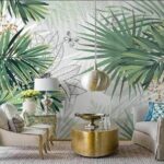 Papel de parede Ilustração de folhas e borboletas tropicais.