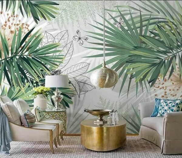 Ilustração de folhas e borboletas tropicais Papel de parede Ilustração de folhas e borboletas tropicais
