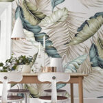 Papel de parede Padrão monocromático elegante de folhas tropicais.