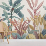 Papel de parede Folhagem tropical em tons pastel.