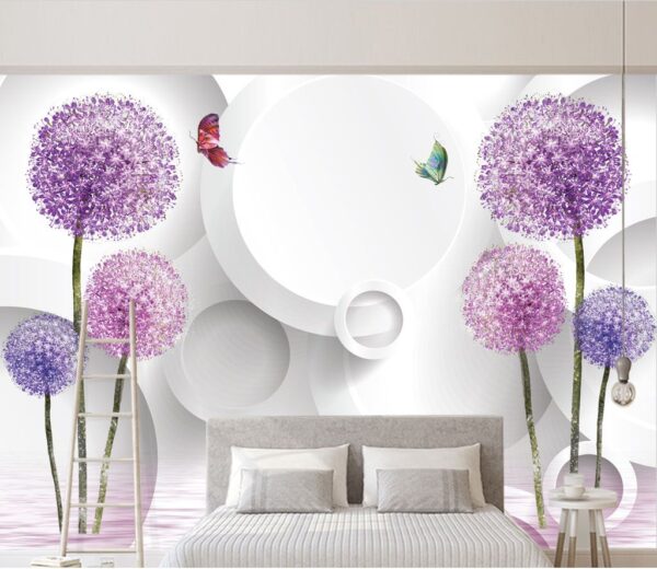 Papel de parede com flores roxas e borboletas Papel de parede Papel de parede com flores roxas e borboletas