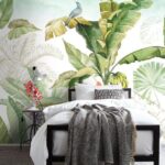 Papel de parede Pintura de uma bananeira e de pássaros