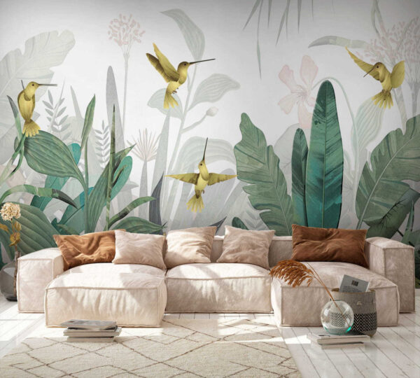 Os beija-flores esvoaçam no meio de uma folhagem luxuriante Papel de parede Os beija-flores esvoaçam no meio de uma folhagem luxuriante