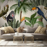 Papel de parede Padrão de plantas e aves tropicais
