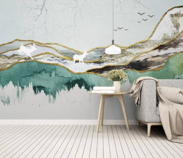 Pintura de um veado e de montanhas Papel de parede Pintura de um veado e de montanhas