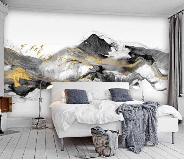 Pintura de montanhas com pássaros a voar Papel de parede Pintura de montanhas com pássaros a voar