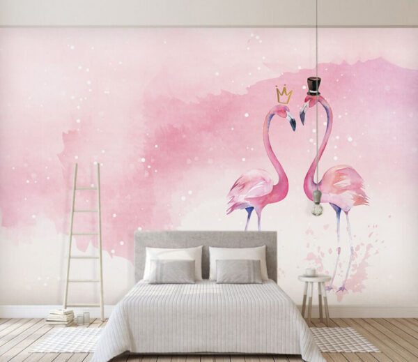 Dois flamingos com coroa e coroa na cabeça Papel de parede Dois flamingos com coroa e coroa na cabeça
