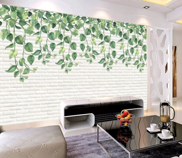 Parede de tijolo branco com folhas verdes Papel de parede Parede de tijolo branco com folhas verdes