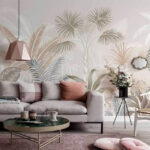 Papel de parede Folhas tropicais em tons suaves.