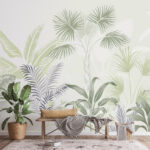 Papel de parede Ilustração de folhas tropicais em tons suaves.