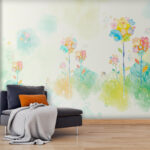 Papel de parede Pintura a aguarela de flores e coelhos