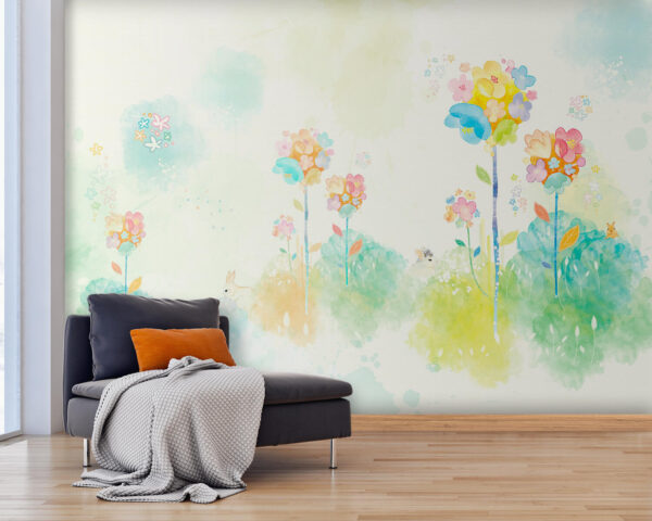 Pintura a aguarela de flores e coelhos Papel de parede Pintura a aguarela de flores e coelhos