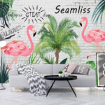 Papel de parede Parede com flamingos e palmeiras