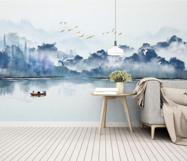 Pintura de um barco na água com pássaros a voar no céu Papel de parede Pintura de um barco na água com pássaros a voar no céu