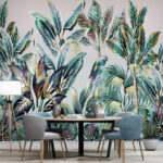 Papel de parede Folhagem tropical com aves escondidas.