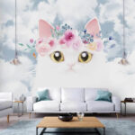 Papel de parede Gato branco com coroa floral, céu