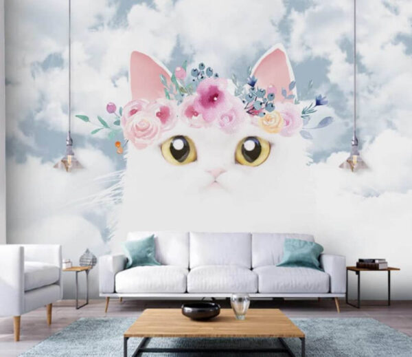 Gato branco com coroa floral, céu Papel de parede Gato branco com coroa floral, céu