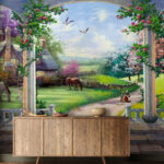 Papel de parede Pintura de uma paisagem com um cavalo e uma casa