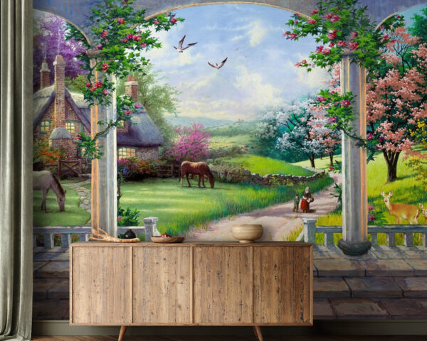 Pintura de uma paisagem com um cavalo e uma casa Papel de parede Pintura de uma paisagem com um cavalo e uma casa