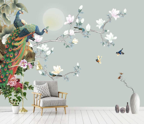 Pássaro num ramo com flores e pássaros Papel de parede Pássaro num ramo com flores e pássaros