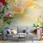 Papel de parede Pintura de flores e cisnes