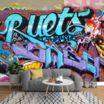 Papel de parede Arte urbana de graffiti em cores vibrantes.